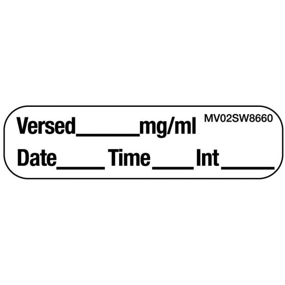 Label Paper Removable Versed mg/ml Date, 1" Core, 1 7/16" x 3/8", White, 666 per Roll