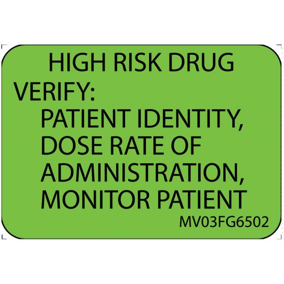 Label Paper Removable High Risk Drug, 1" Core, 1 7/16" x 1", Fl. Green, 666 per Roll