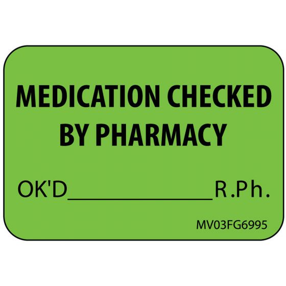 Label Paper Removable Medication Checked, 1" Core, 1 7/16" x 1", Fl. Green, 666 per Roll