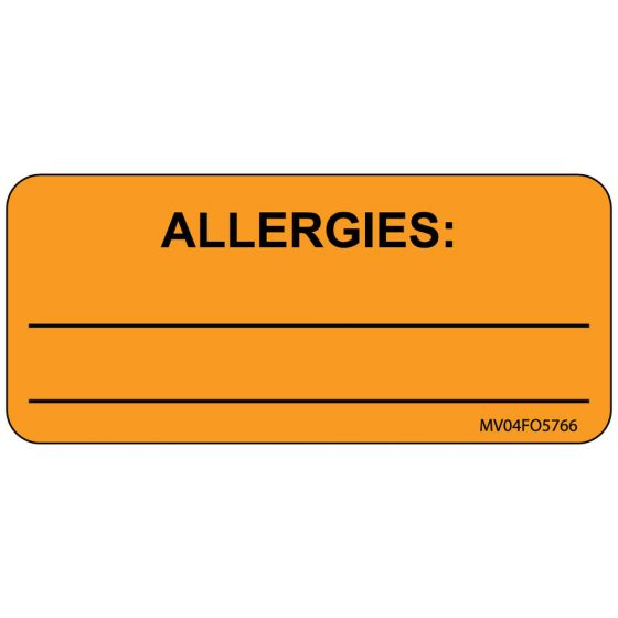 Label Paper Removable Allergies:, 1" Core, 2 1/4" x 1", Fl. Orange, 420 per Roll