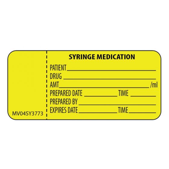 Label Paper Permanent Syringe Medication 1" Core, 2-1/4" x 1", Yellow, 420 per Roll
