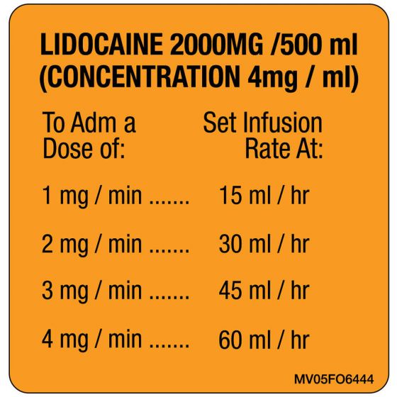 Label Paper Removable Lidocaine 2000mg /, 1" Core, 2 7/16" x 2 1/2", Fl. Orange, 400 per Roll