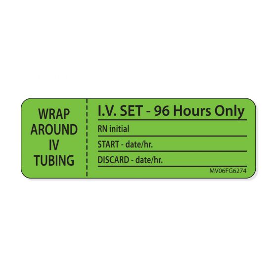 Label Paper Removable IV Tubing 96 Hours, 1" Core, 2 15/16" x 1", Fl. Green, 333 per Roll