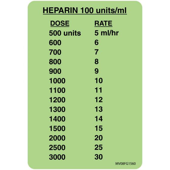 Label Paper Removable Heparin 1"00 Units/ml 1 Core 2" 15/16" x 2, Fl. Green, 333 per Roll