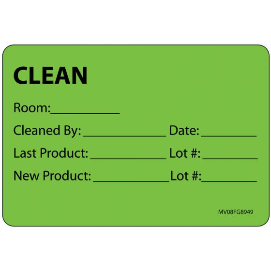 Label Paper Removable Clean Room: Cleaned, 1" Core, 2" 15/16" x 2, Fl. Green, 333 per Roll