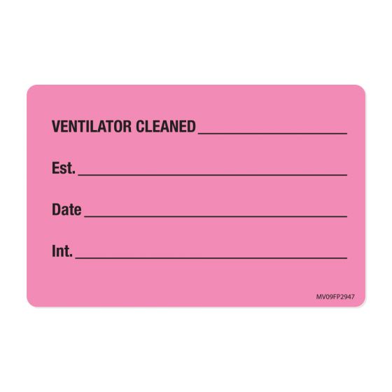 Lab Communication Label (Paper, Removable) Ventilator Cleaned 4"x2 5/8" Fluorescent Pink - 375 per Roll