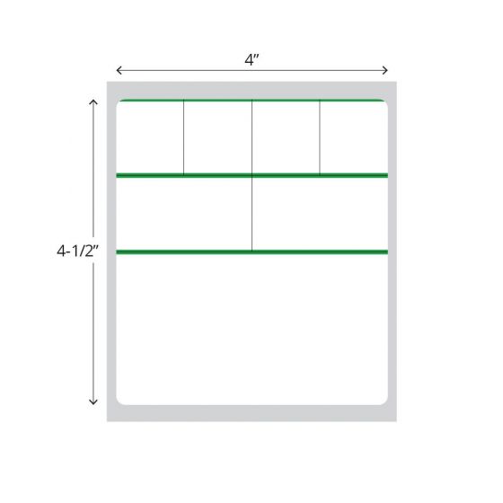 Direct Thermal Label, Paper, Permanent, 4" x 4 1/2", 1" Core, White with Green Border, 4 rolls of 500 labels